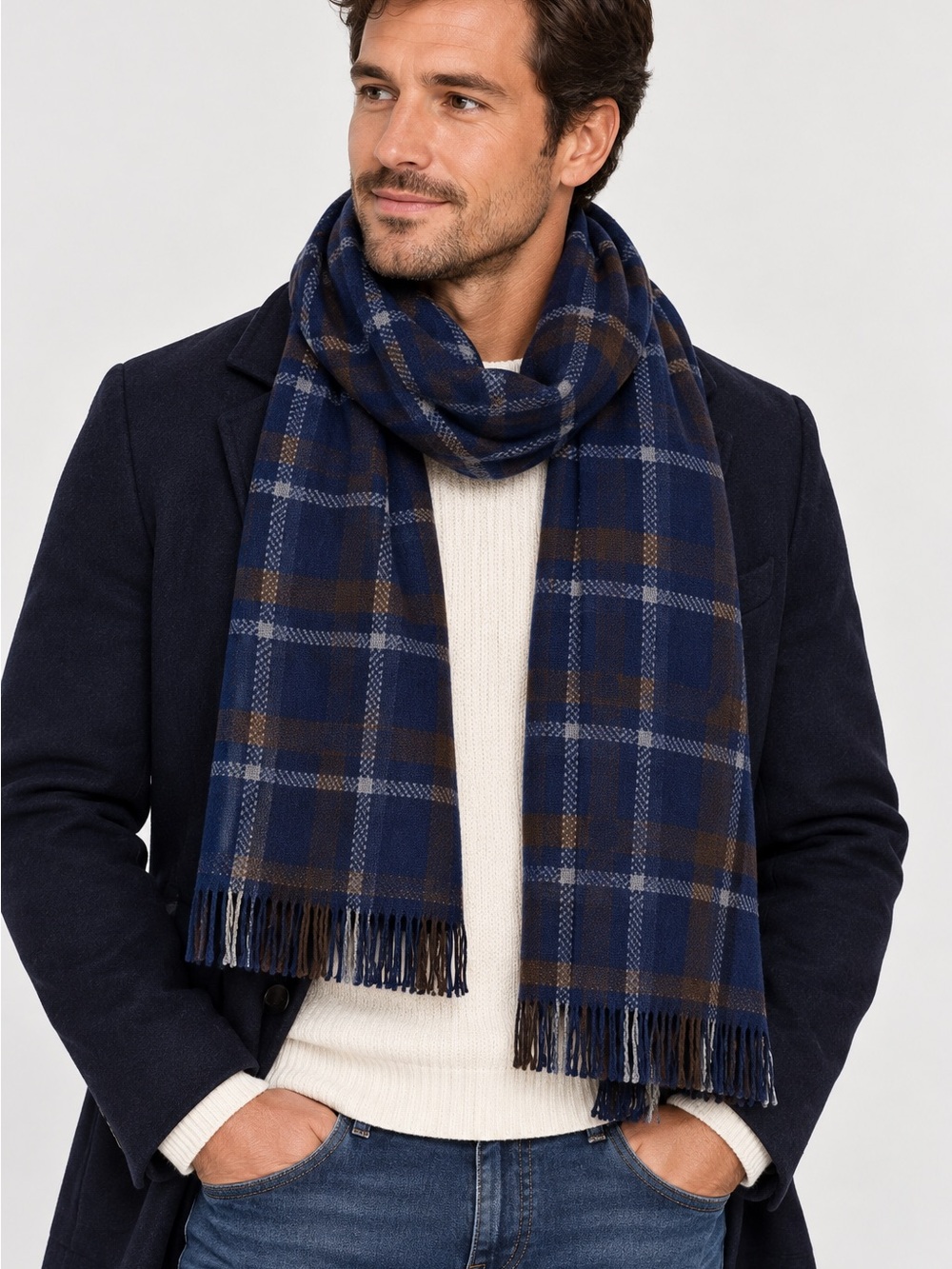 NWT coach Classic Navy Plaid Men’s Scarf - Blue/Brown 100% wool $148